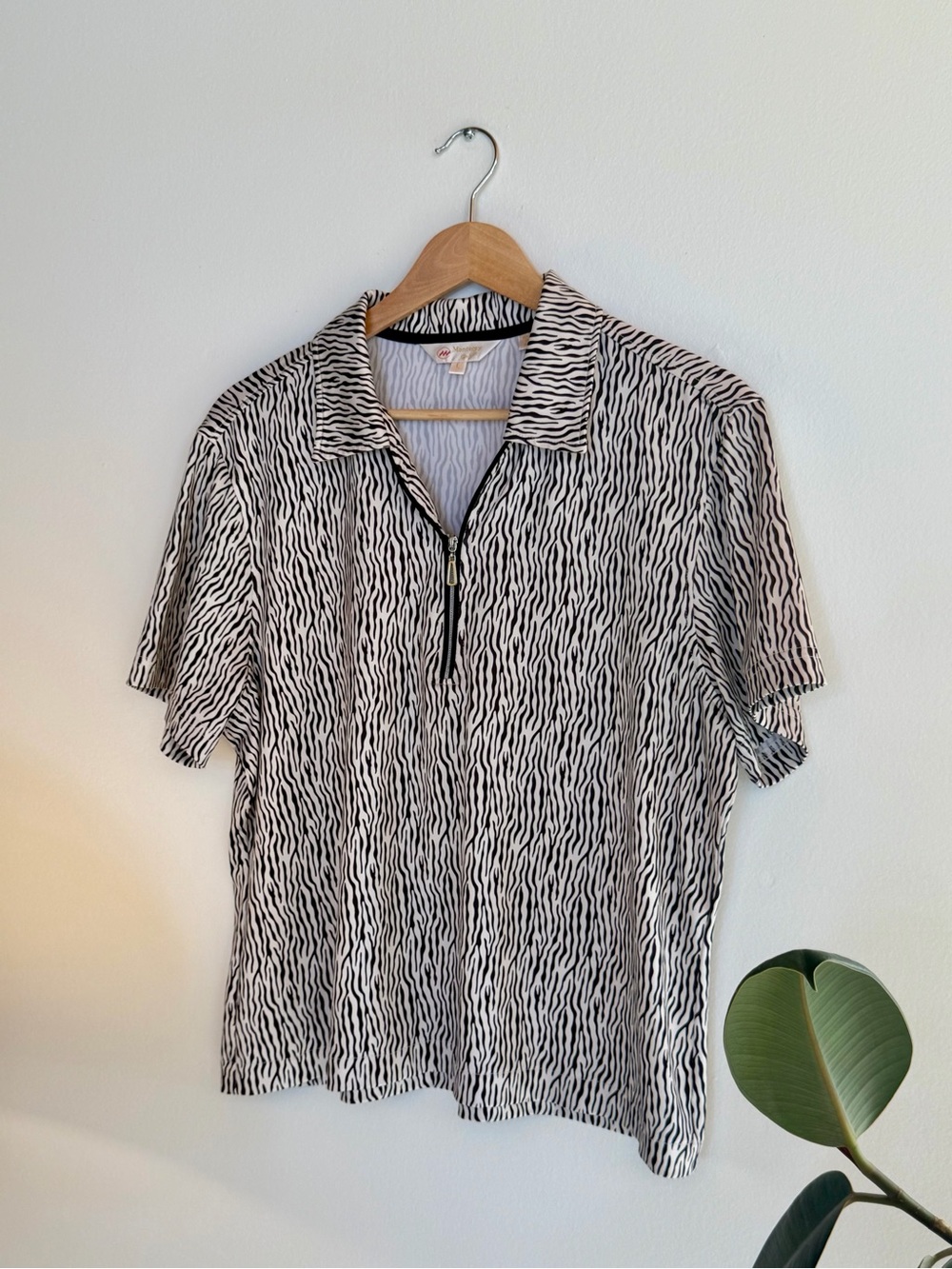Black & White Zebra Print Zip Golf Polo Shirt